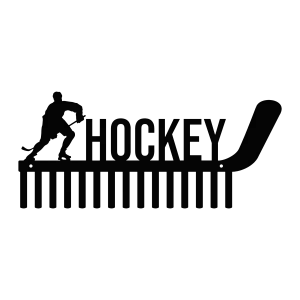 Black medal holder featuring the word 'Hockey' with a silhouette of a player on the left and a hockey stick on the right. Includes multiple hooks for hanging.